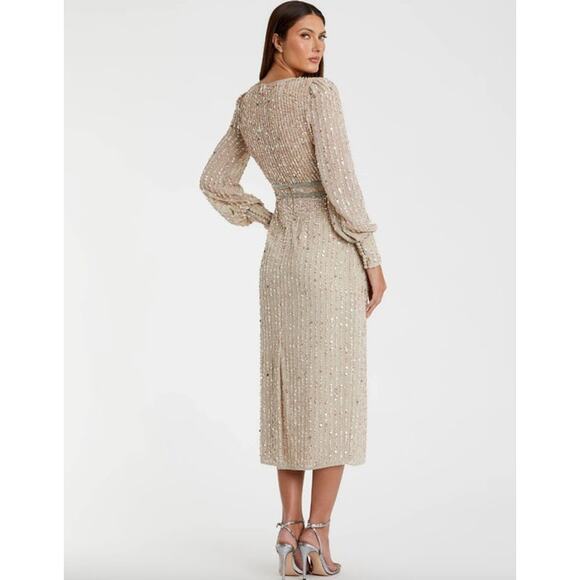 MAC DUGGAL Dress Size 10 Evening Gown Sequin Midi NEW Beige Sequined V Neck - Picture 2 of 7